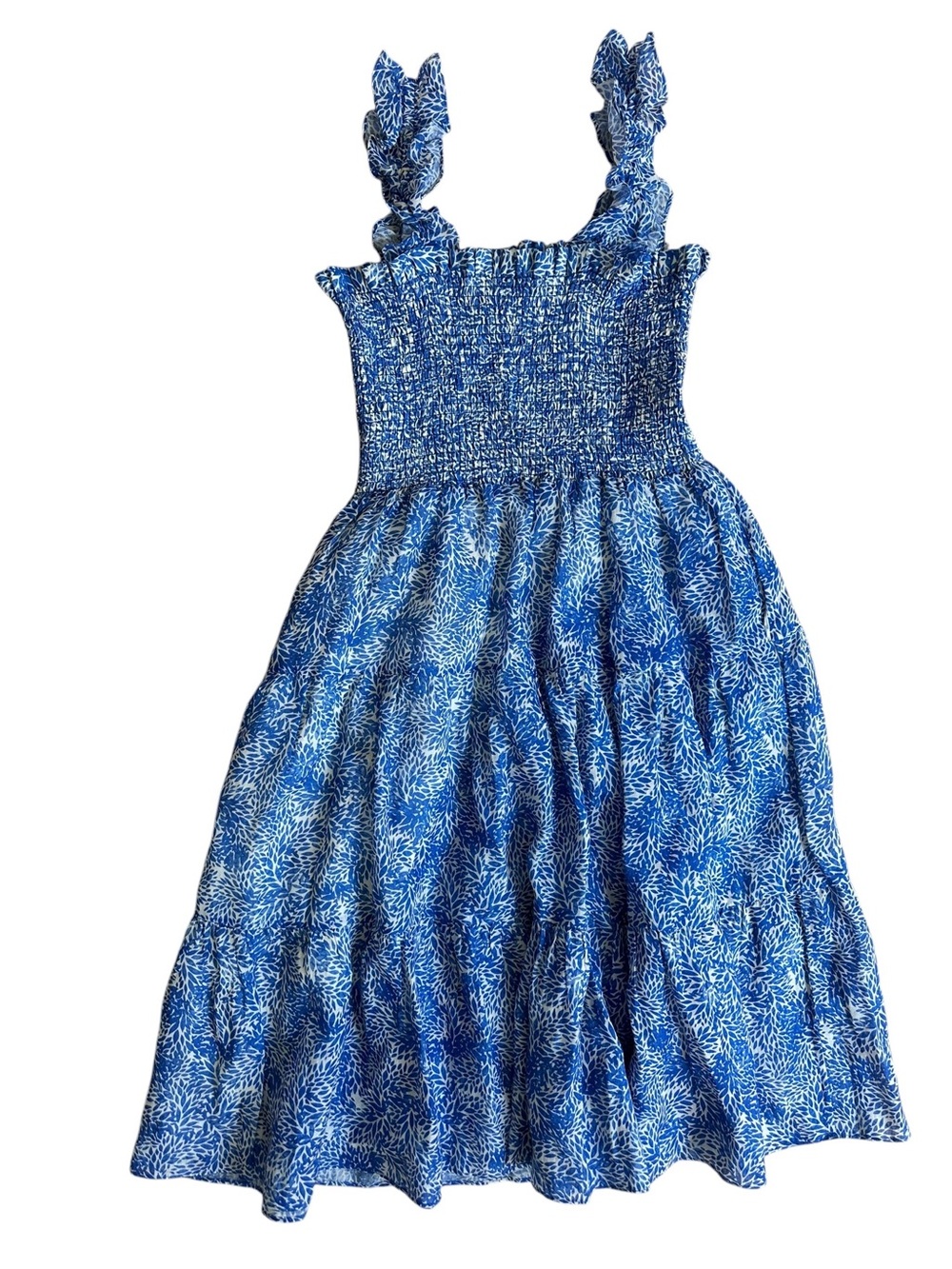 Amanda Uprichard Adeline White And Blue Smocked Bodice Tiered Midi Dress View 2